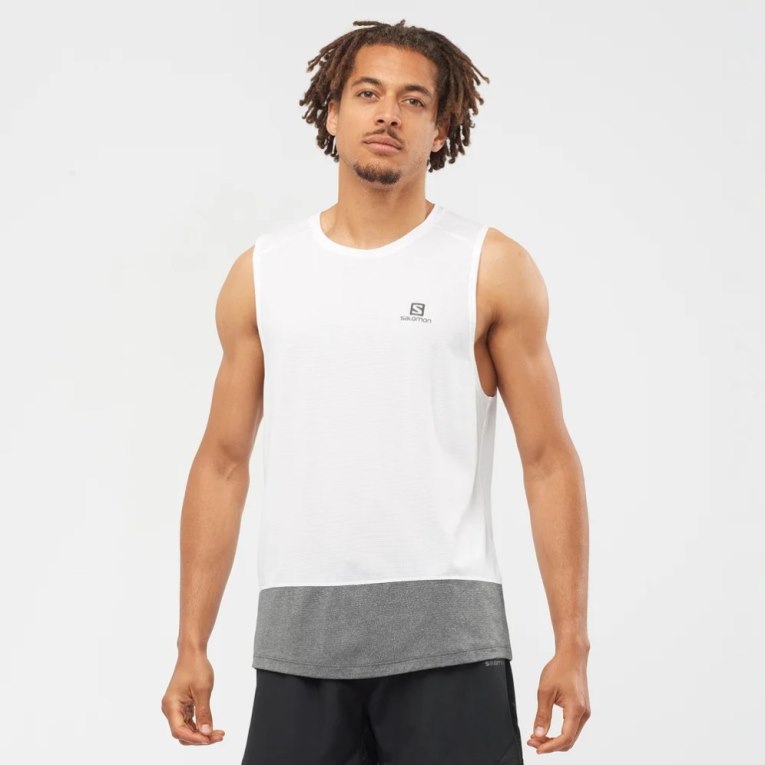 White / Grey Salomon Cross Run Men\'s Tanks | PH 69871J